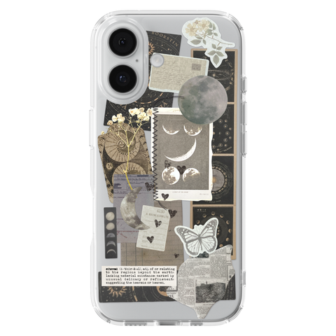Esoteric Space Scraps Collage Clear Phone Case shown on iPhone 17