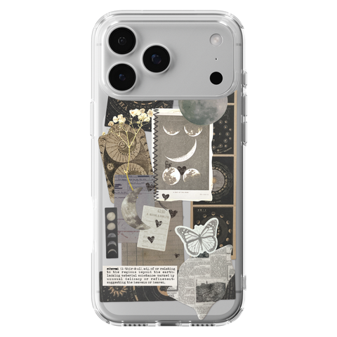 Esoteric Space Scraps Collage Clear Phone Case shown on iPhone 17 Pro Max