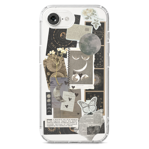 Esoteric Space Scraps Collage Clear Phone Case shown on iPhone 17e