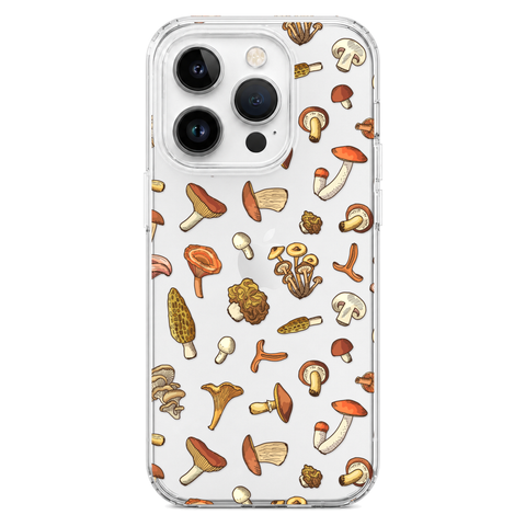 Fall Mushroom Clear Phone Case shown on iPhone 14 Pro
