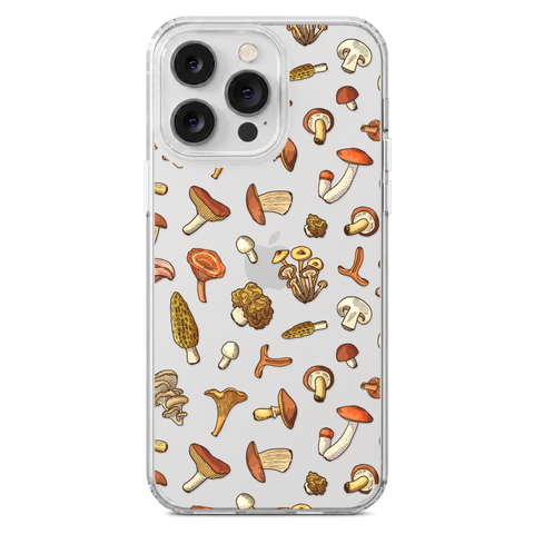 Fall Mushroom Clear Phone Case shown on iPhone 14 Pro Max