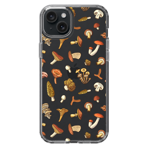 Fall Mushroom Clear Phone Case shown on iPhone 15 Plus