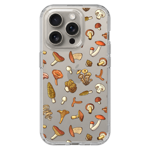 Fall Mushroom Clear Phone Case shown on iPhone 15 Pro