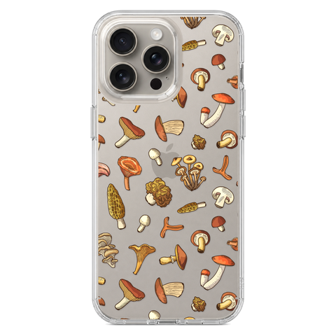 Fall Mushroom Clear Phone Case shown on iPhone 15 Pro Max