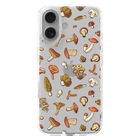 Fall Mushroom Clear Phone Case shown on iPhone 16