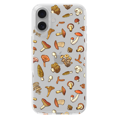 Fall Mushroom Clear Phone Case shown on iPhone 16 Plus