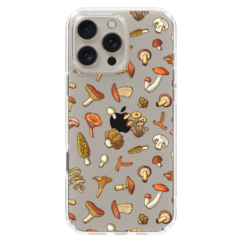 Fall Mushroom Clear Phone Case shown on iPhone 16 Pro Max