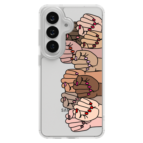 Feminist Fists Clear Phone Case shown on Galaxy S25 Plus