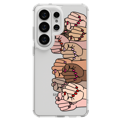 Feminist Fists Clear Phone Case shown on Galaxy S26 Ultra