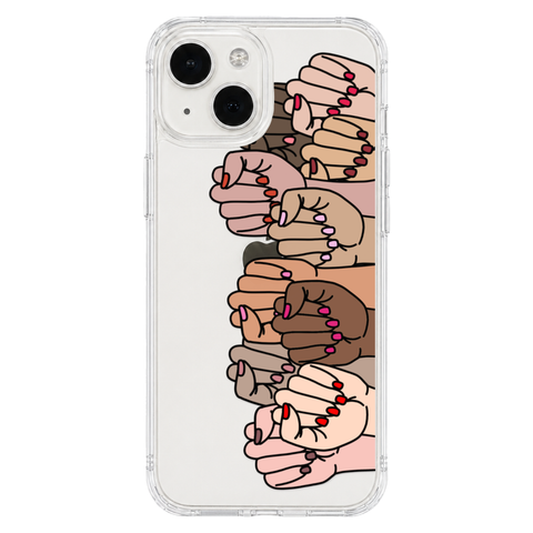 Feminist Fists Clear Phone Case shown on iPhone 13 Mini