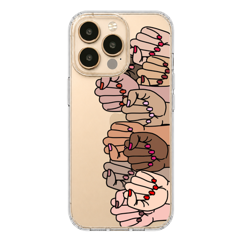 Feminist Fists Clear Phone Case shown on iPhone 13 Pro
