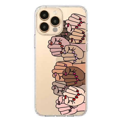 Feminist Fists Clear Phone Case shown on iPhone 13 Pro Max