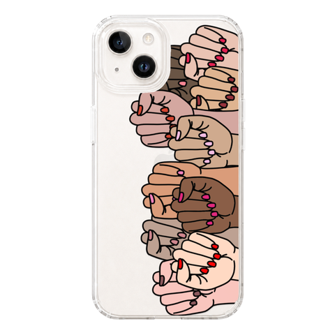 Feminist Fists Clear Phone Case shown on iPhone 14