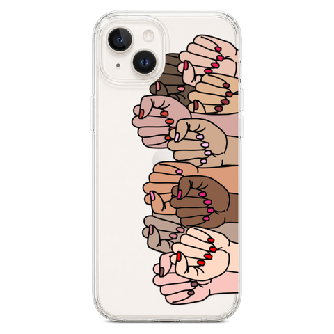 Feminist Fists Clear Phone Case shown on iPhone 14 Plus