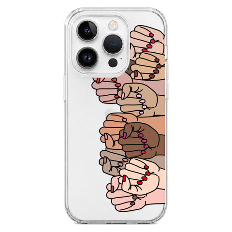 Feminist Fists Clear Phone Case shown on iPhone 14 Pro