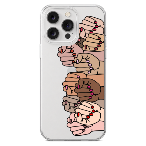 Feminist Fists Clear Phone Case shown on iPhone 14 Pro Max