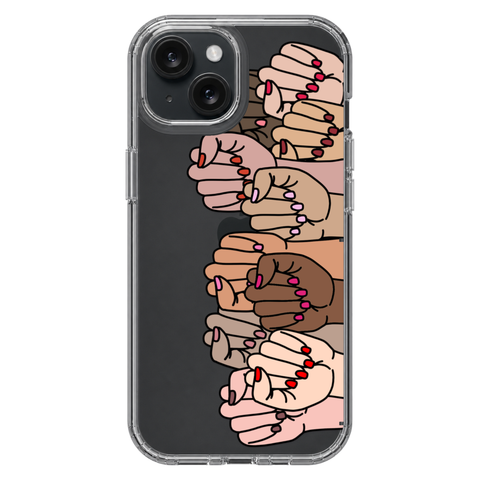 Feminist Fists Clear Phone Case shown on iPhone 15