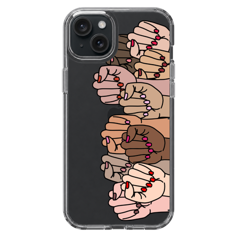 Feminist Fists Clear Phone Case shown on iPhone 15 Plus
