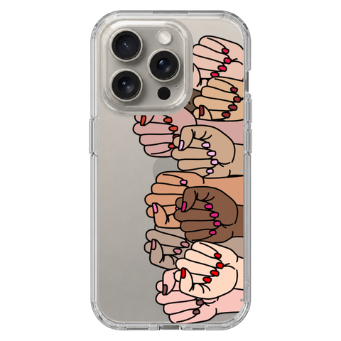 Feminist Fists Clear Phone Case shown on iPhone 15 Pro