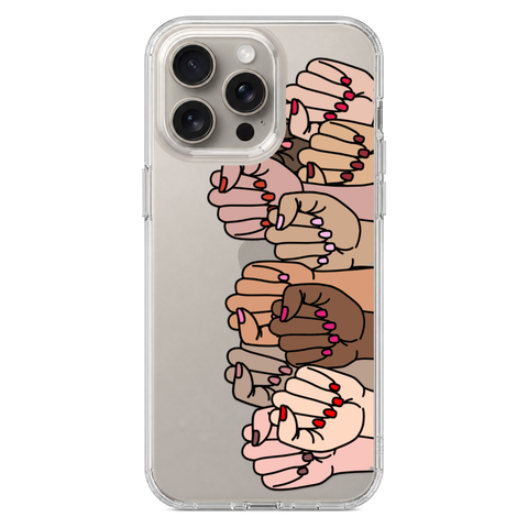 Feminist Fists Clear Phone Case shown on iPhone 15 Pro Max