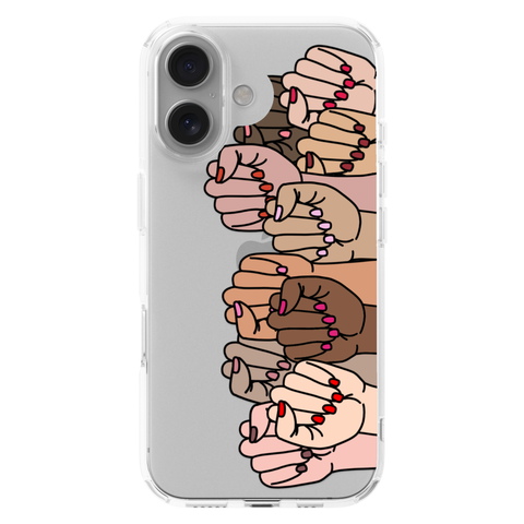 Feminist Fists Clear Phone Case shown on iPhone 16