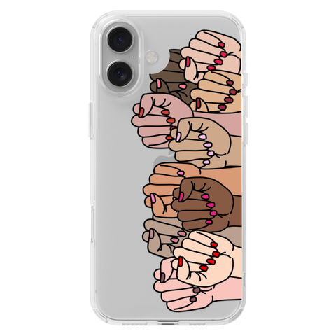 Feminist Fists Clear Phone Case shown on iPhone 16 Plus