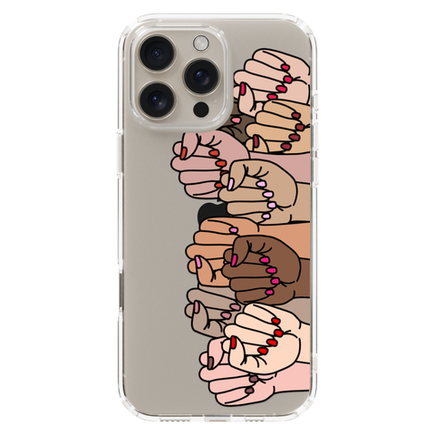 Feminist Fists Clear Phone Case shown on iPhone 16 Pro