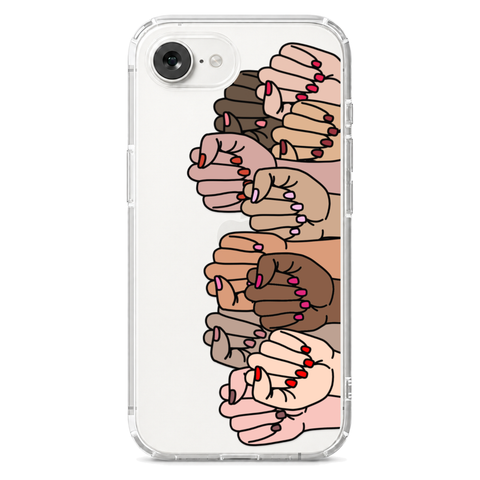 Feminist Fists Clear Phone Case shown on iPhone 16e