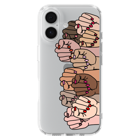 Feminist Fists Clear Phone Case shown on iPhone 17