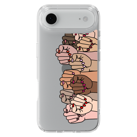 Feminist Fists Clear Phone Case shown on iPhone 17 Air