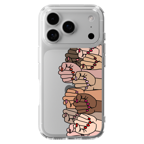 Feminist Fists Clear Phone Case shown on iPhone 17 Pro