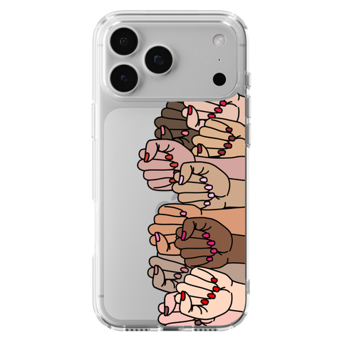 Feminist Fists Clear Phone Case shown on iPhone 17 Pro Max