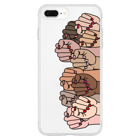 Feminist Fists Clear Phone Case shown on iPhone 7 Plus/8 Plus