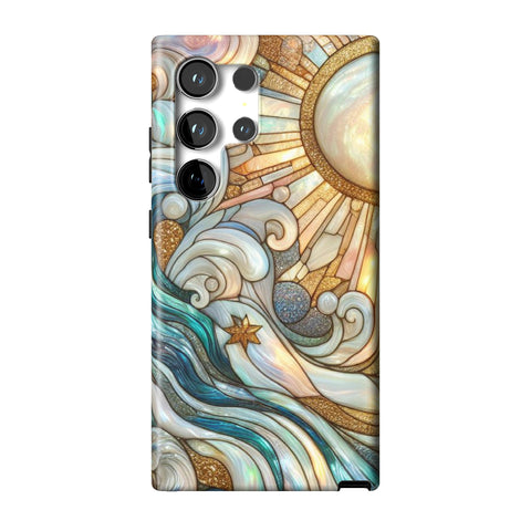 Waves & Sun Rays Stained Glass Illusion Print Tough Phone Case for Galaxy S24 Ultra