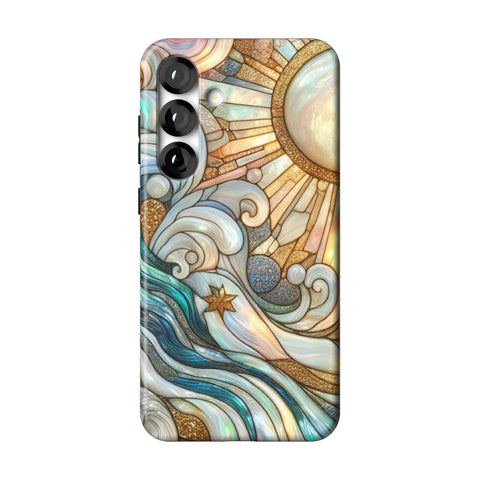 Waves & Sun Rays Stained Glass Illusion Print Tough Phone Case for Galaxy S25 Plus