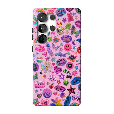 Baby Pink Y2K Stickers Print Tough Phone Case for Galaxy S25 Ultra