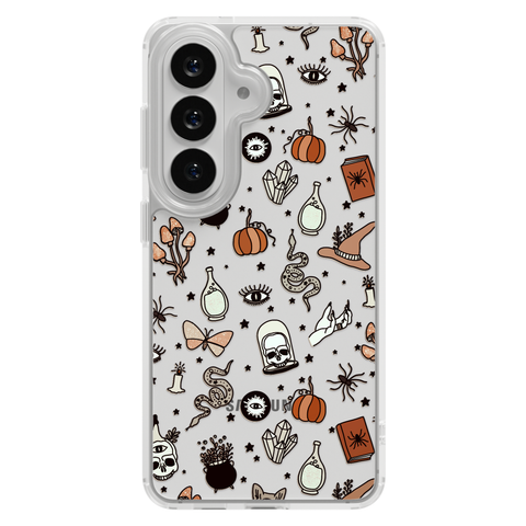 Halloween Doodles Clear Phone Case shown on Galaxy S25 Plus