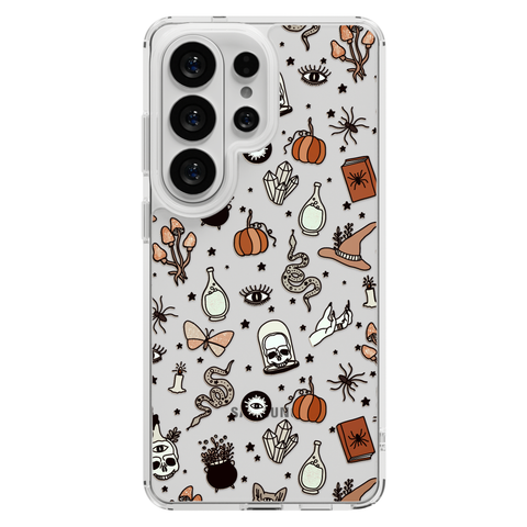Halloween Doodles Clear Phone Case shown on Galaxy S25 Ultra