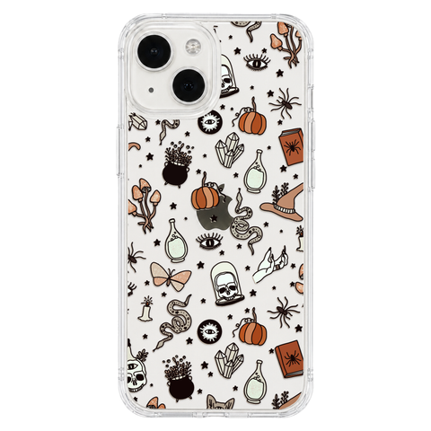Halloween Doodles Clear Phone Case shown on iPhone 13 Mini