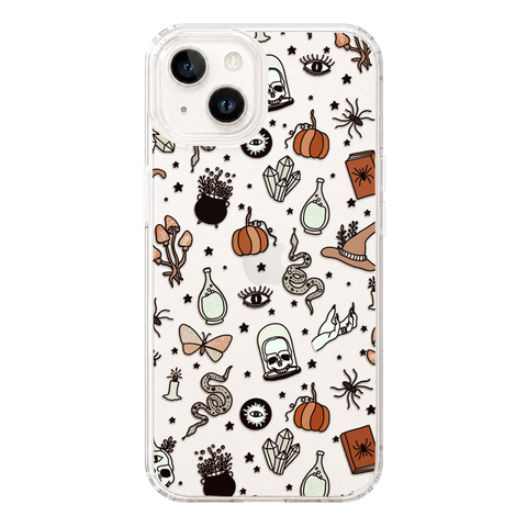 Halloween Doodles Clear Phone Case shown on iPhone 14