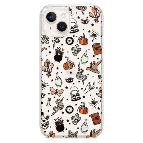 Halloween Doodles Clear Phone Case shown on iPhone 14 Plus