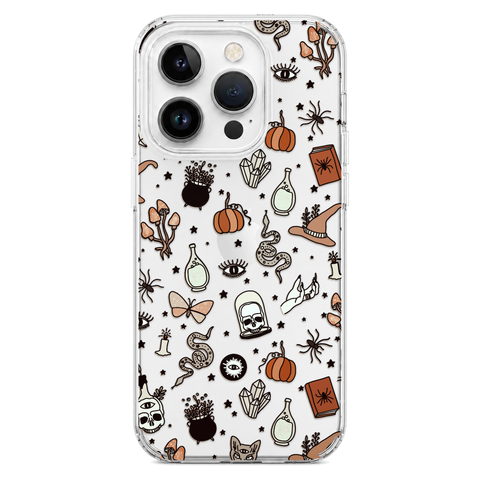 Halloween Doodles Clear Phone Case shown on iPhone 14 Pro