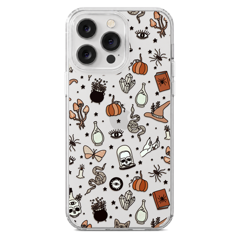 Halloween Doodles Clear Phone Case shown on iPhone 14 Pro Max