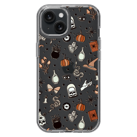 Halloween Doodles Clear Phone Case shown on iPhone 15