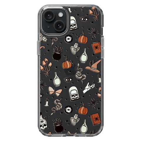 Halloween Doodles Clear Phone Case shown on iPhone 15 Plus