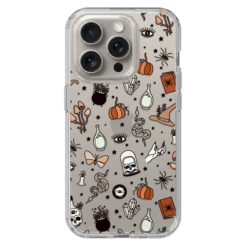 Halloween Doodles Clear Phone Case shown on iPhone 15 Pro