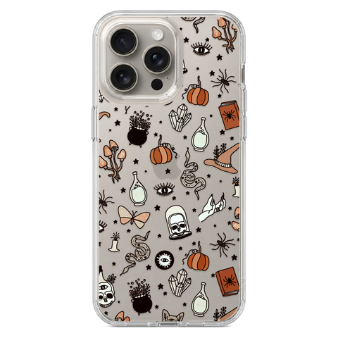 Halloween Doodles Clear Phone Case shown on iPhone 15 Pro Max
