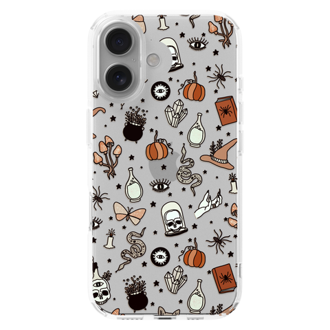 Halloween Doodles Clear Phone Case shown on iPhone 16