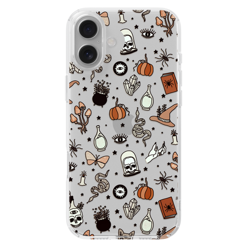 Halloween Doodles Clear Phone Case shown on iPhone 16 Plus