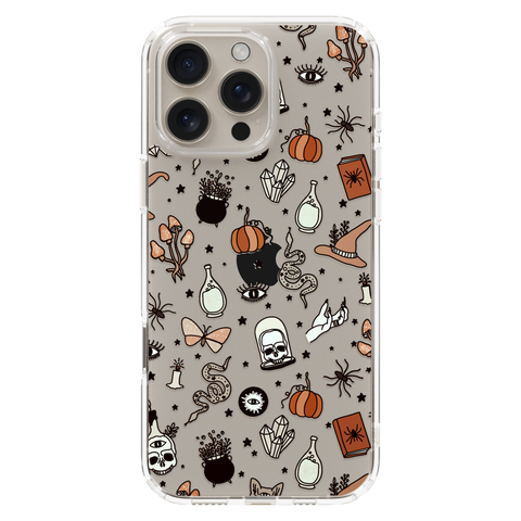Halloween Doodles Clear Phone Case shown on iPhone 16 Pro